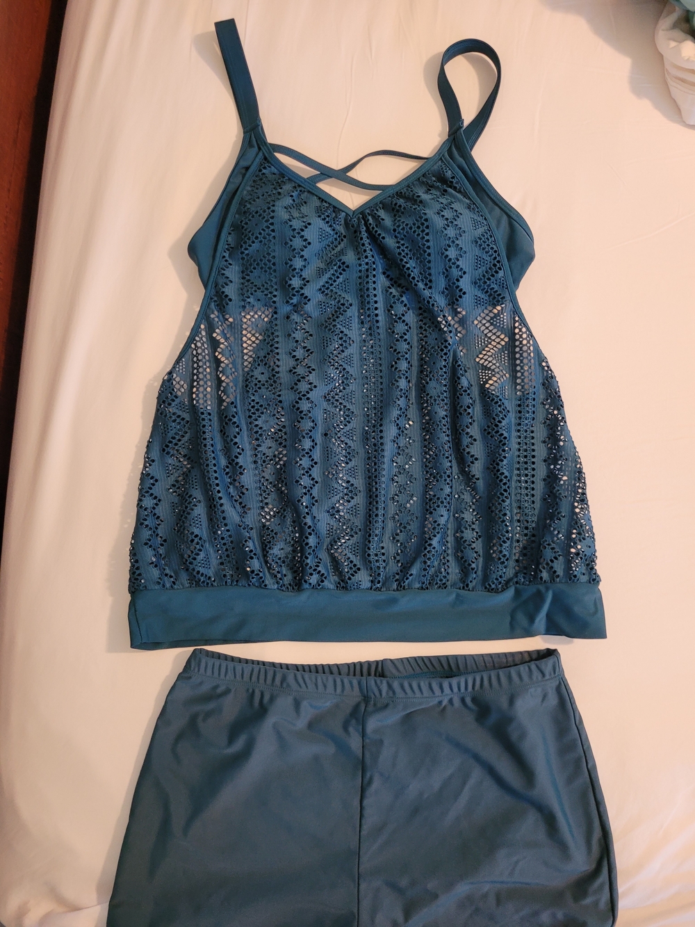 Teal Lace-Overlay Tankini Top & Swim Shorts Set